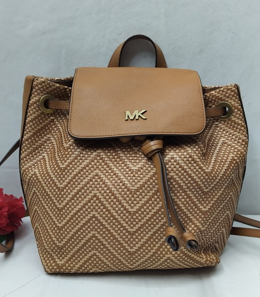 Michael Kors Junie Brown Chevron Woven Leather Drawstring Flap Closure Backpack